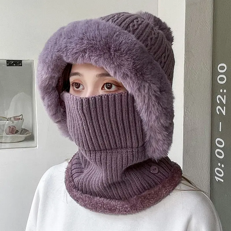 Winter Knitted Neck Guard Balaclava with Faux Fur Lining, Warm Full-Face Beanie with Ear Flaps & Neck Gaiter, Motorcycle Cold-Weather Outdoor Protective Gear, Neck Guard Balaclavas