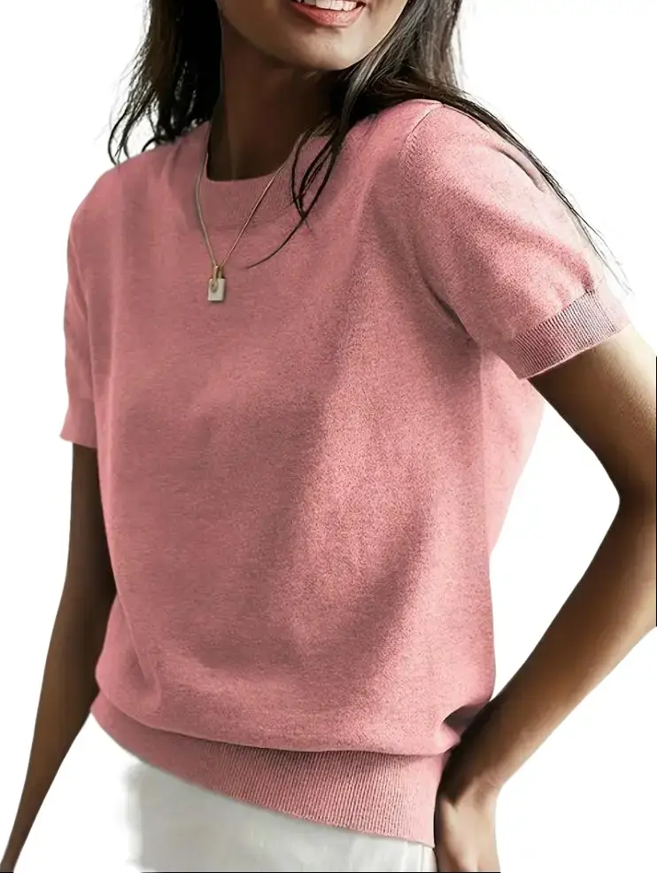 PHEFEE Women's Short Sleeve Sweater Shirts Casual Crew Neck Knit Tops Summer Work Blouses Elevated Basic Tees S-XXL