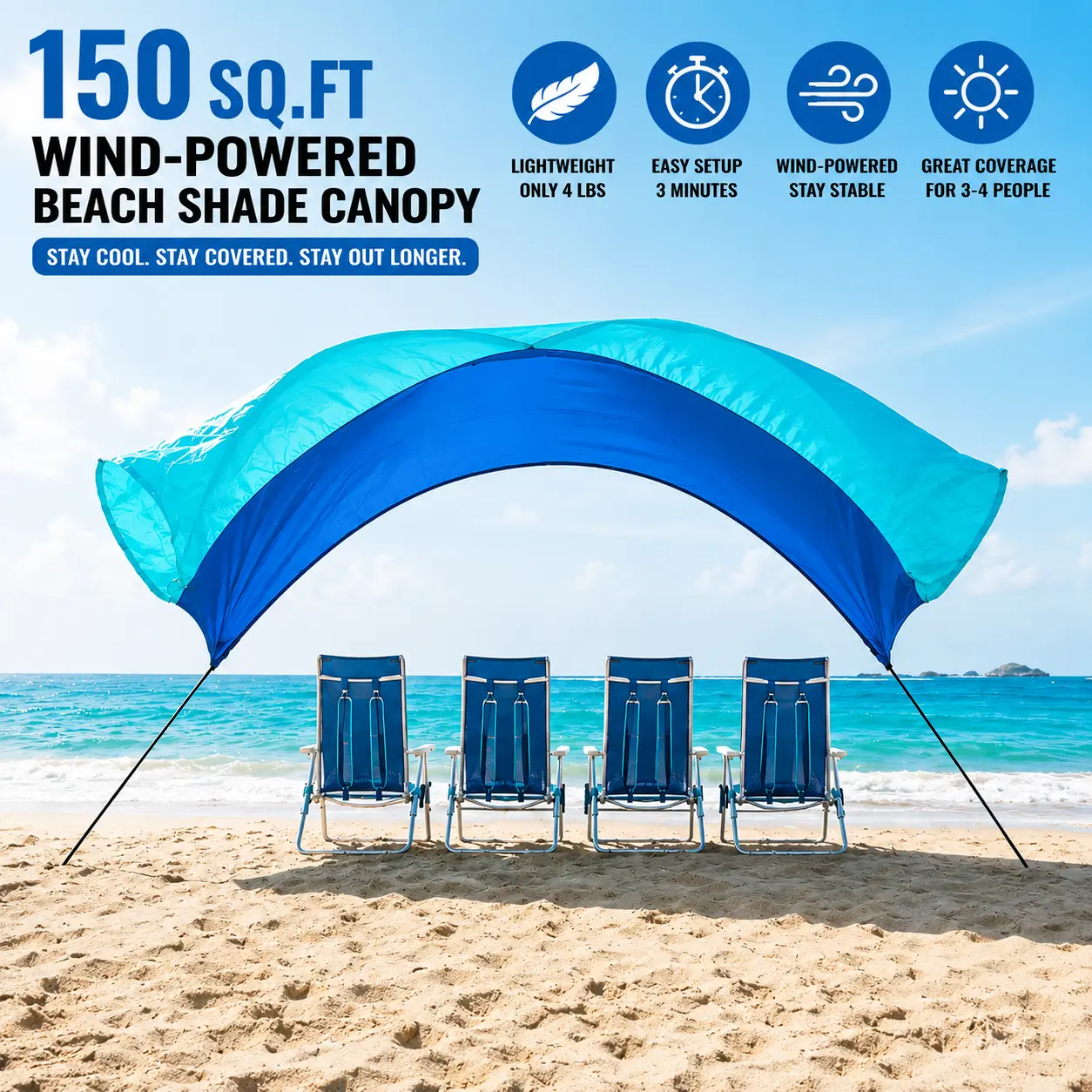 150 Sq.Ft. Wind-Powered Beach Shade Canopy - High Quality, Lightweight (4 lbs), Easy Setup in 3 Minutes, Blue Perfect for Family Outings and Relaxation bed tent 3-4 person sun shelter szhlux hammock