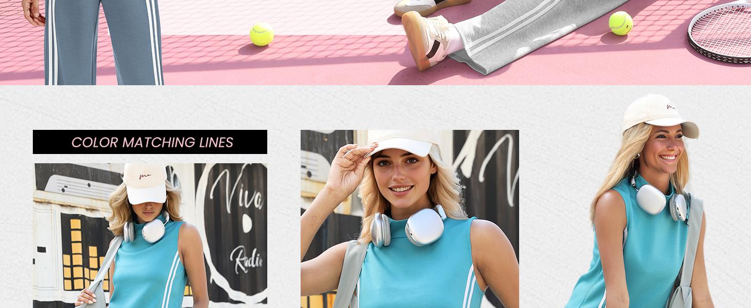 Casly Lamiit 2 Piece Sets for Women Summer Outfits Mock Neck Tank Top & Wide Leg Pants Stripes Casual Loungewear Tracksuits Tanktop Fitted