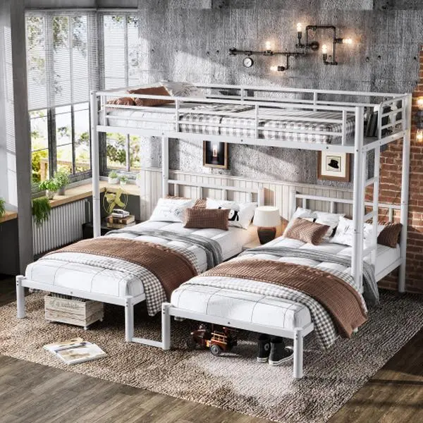 Heavy-Duty Sturdy Metal Convertible L-Shaped Frame Triple Bunk Bed - 3 Individual Twin/Twin XL/Single Beds, 4-Sided Guardrail Safety, Durable Elevated Frames, Storage Solutions, Assembly Required for Children's Room, Three Beds