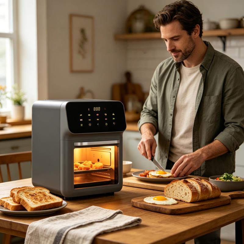 13L air fryer toaster oven combination, made of stainless steel material, compact oven of household size, used for baking whole chicken/double cooking, stainless steel interior, easy to clean, including 2 accessories and recipes, US plug