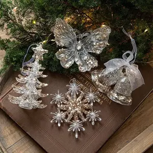 4 Pieces Christmas Tree Decoration Ornaments Sequin Transparent Acrylic Imitation Crystal Snowflake Christmas Tree Butterfly Bell Christmas Decoration Hanging Ornaments Festive Atmosphere Hanging Decoration Suitable for Balls