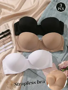 3PCS Women's Seamless Push-Up Strapless Bra,Multiway Underwire Lift Anti‑sagging Comfortable Bandeau, Lift Cup Non‑slip Slimming Detachable Straps, for One-Shoulder, Daily Wear, Womenswear