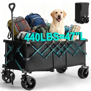Extra Long Folding Wagon Cart, Heavy Duty Collapsible Wagon with Big All-Terrain Wheels, Portable Outdoor Utility Cart for Shopping, Garden, Camping, Grocery, Sports