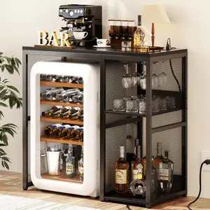 Mini Fridge Cabinet with Power Outlet, No Fridge, Coffee Bar Cabinet Industrial Liquor Cabinet with Wine Storage & Glass Holder for Dorm, Kitchen