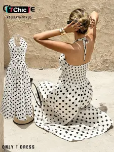 Women's Vacation Casual Spotted Dress, Waist Cinching Design, Deep V Neck, Bow Decor, Elegant Summer Fashion, Perfect for Travel