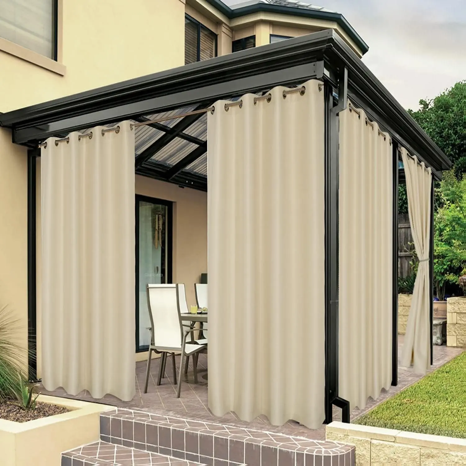Premium Thick Waterproof Outdoor Patio Attachment Device Curtain, 1 Panel (54W x 84L in), Cream Solid 100% Polyester, Rust-Proof Grommets, Privacy Curtain for Porch Pergola, Attachment Device Curtains