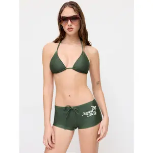 Cider Halter Neckline Tropical Palm Graphic Triangle Top & Low Rise Drawstring Shorts Bikini Set