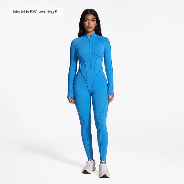 BetterMe Women's Tranquil Blue Long Sleeve Zip-Front Open-Back Fitted Catsuit - Full-Length Functional Compression Bodysuit, Adjustable Breathable Polyester-Spandex Athletic Apparel for Ballet, Yoga, Gym, Workout, Activewear, Zippered Front, No Outfit Cha