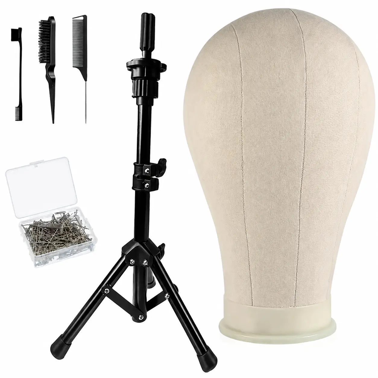 22 Inch Canvas Block Wig Head, Wig Stand Tripod With Head, Mannequin Head For Wigs, T Pins, Bristle Brush multiple