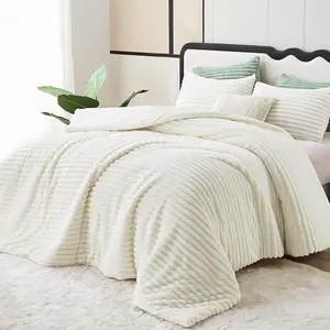 Fluffy  Comforter Set - Super Soft Faux  Cream White Comforter  Size, Winter Warm Fleece Bedding Set, 3 count Plush Fuzzy Bed Set (1 Shaggy Comforter, 2 Pillowcases)