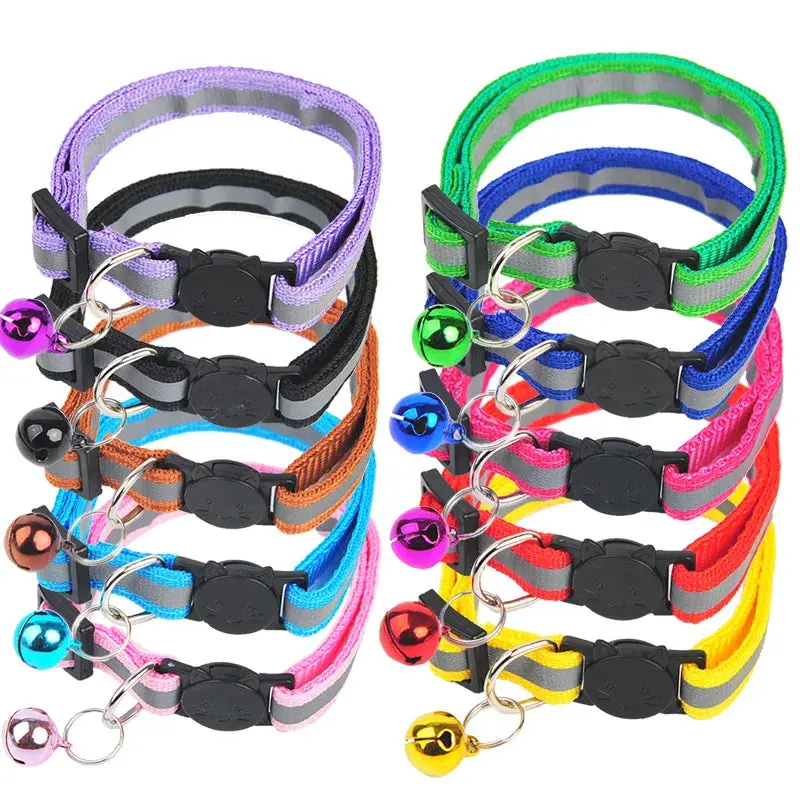 Reflective Breakaway Cat Collar with Safety Bell, Soft Nylon, Elastic Adjustable Safety Design, 9 Colors for Night Visibility