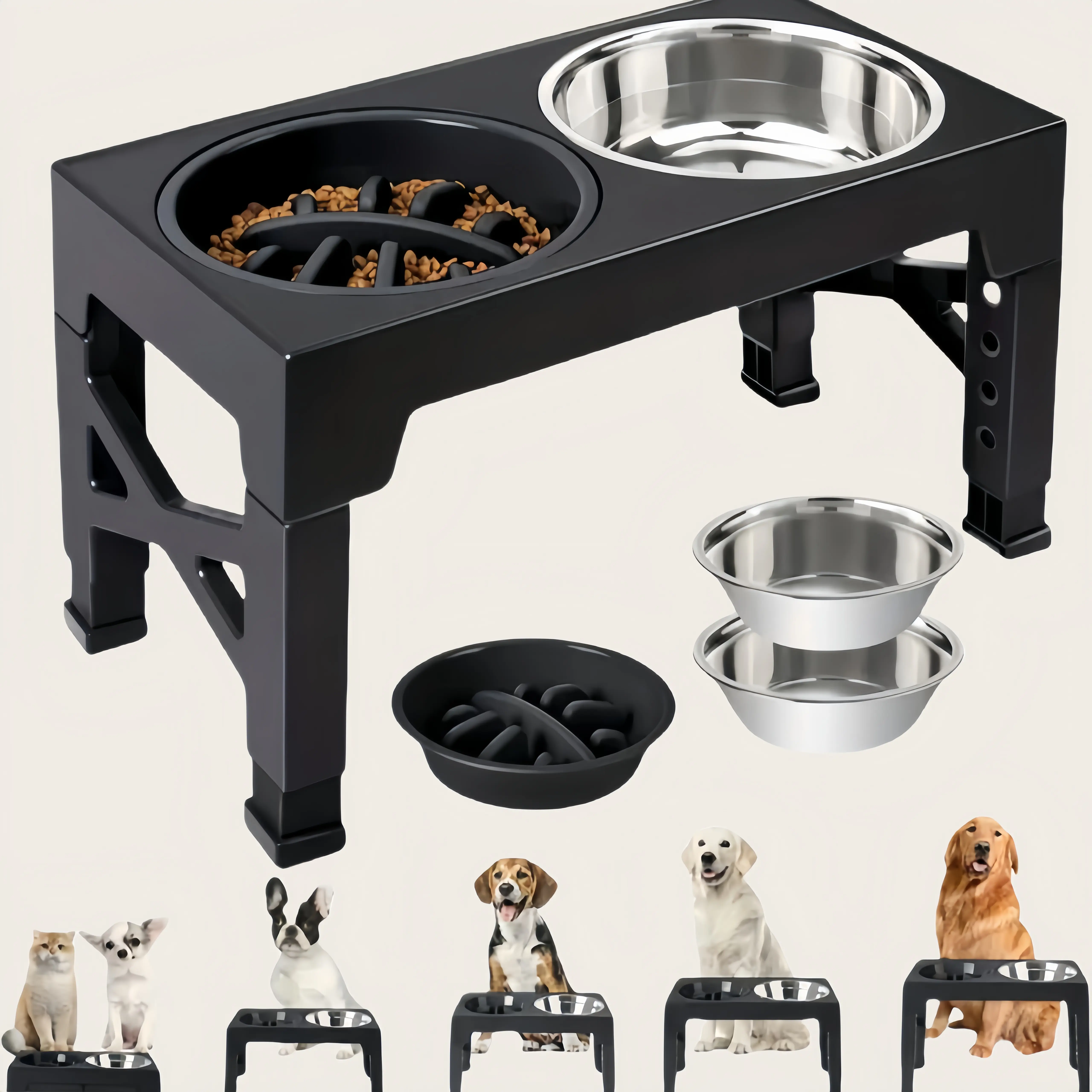 Height-adjustable dog food bowl stand, featuring 5 adjustable height settings, comes with 2 stainless steel food bowls and 1 slow-feeding bowl; height adjustable from 3.2 inches to 12.2 inches, suitable for small, medium, and large dogs