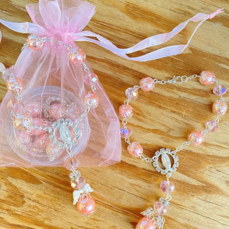 12pcs Beautiful and Unique Stretch Beads Religious Bracelets Set - Baptism Party Favors with Free Bags, First Communion Religious Jewelry Gift