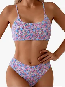 Women's Floral Print Bikini Set, U-Neck Thin Straps Low-Waist Two-Piece Swimsuit, Summer Beach Vacation Sexy Swimwear, Floral Bikini Top