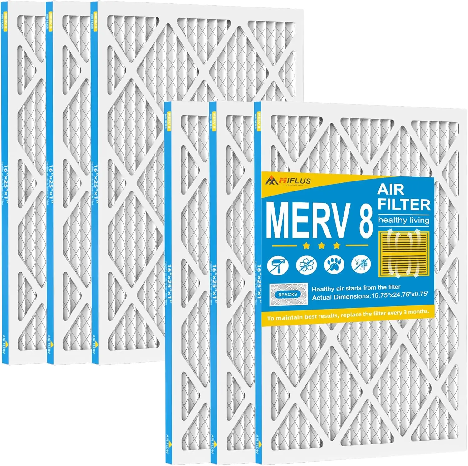 MIFLUS 16x25x1 MERV 8 Home Furnace Filter, 6-Pack - 11-Stage High Performance Purifier, Traps Dust/Pollen/Pet Dander, Eco-Friendly, 2x Deep Pleats, 18-Month Supply, No Tools Needed