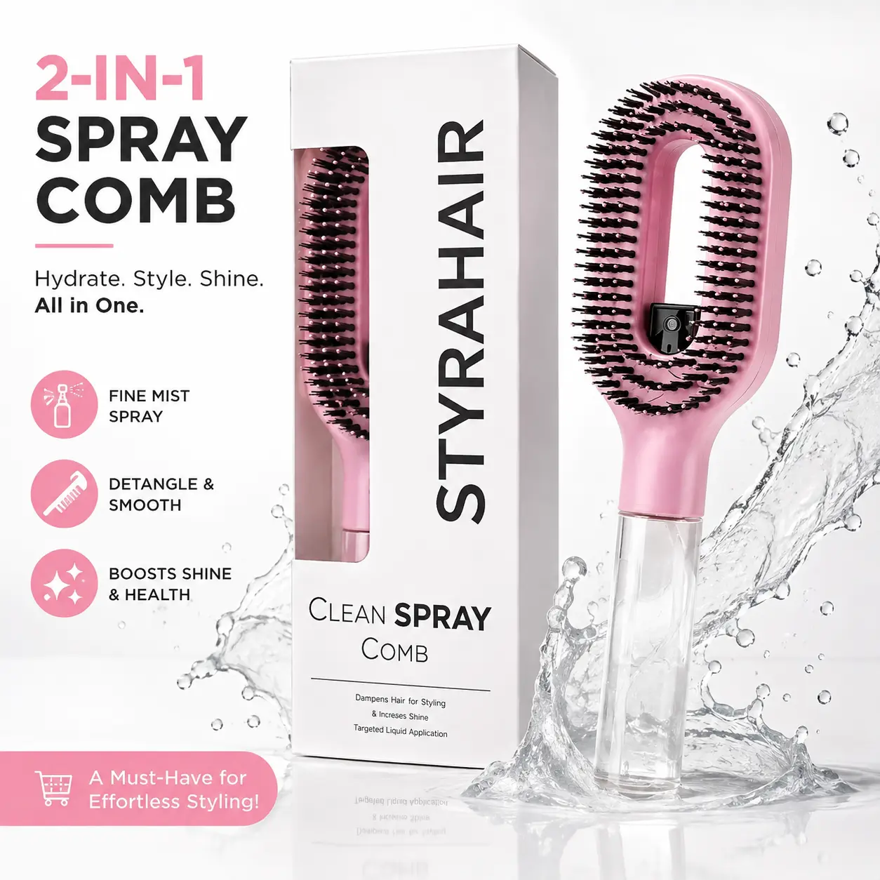 3-in-1 Nylon Bristle Spray Hair Brush with 55ml Refillable Water Tank, Dual-Layer Bristles, Scalp Massage Tips, Anti-Frizz Detangling for Curly Hair to Painlessly Smooth Stubborn Knots