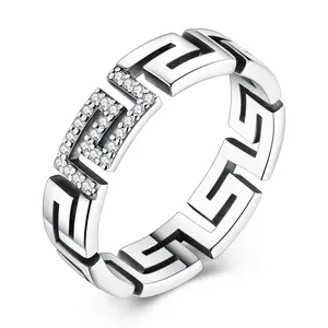 MULA Women's 925 Silver-Plated Greek Key Crystal Ring - Cubic Zirconia, Luxury, Durable Stones, Gem-Laden Geometric Symbol Jewelry for Birthday, Valentine's Day Gifts, Crystal Rings, Cubic Zirconia Rings