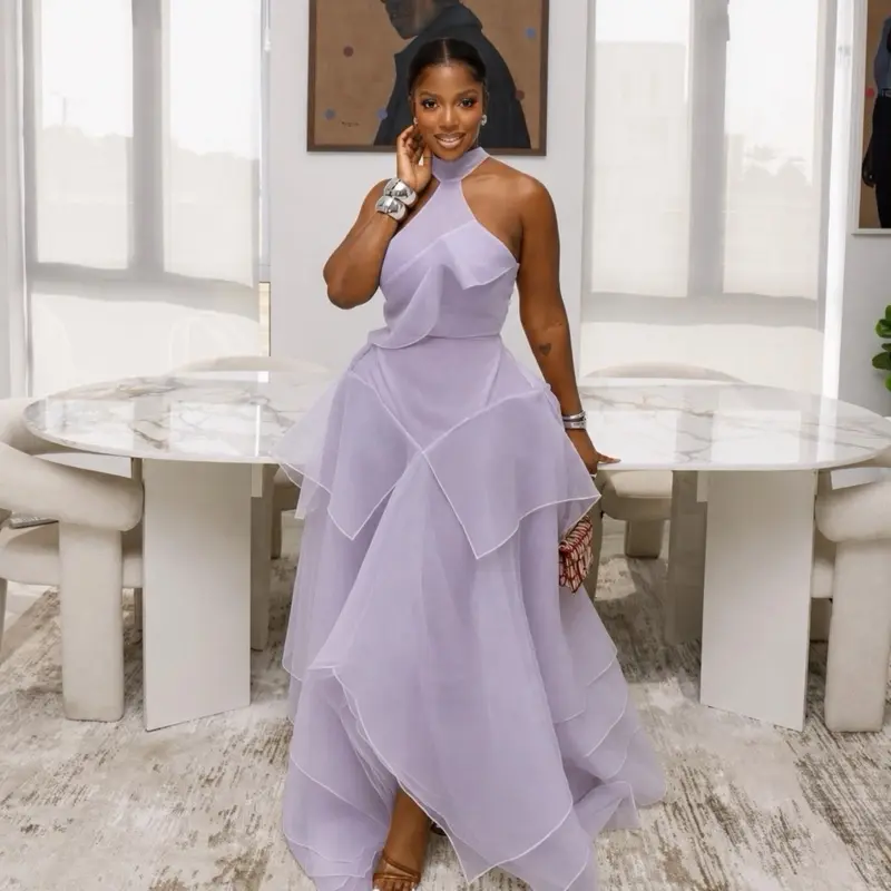Women's Elegant Ivory-Lilac Halter Ruffles Dress - Asymmetric Sleeveless, High Neckline, Cinched Waist, Chiffon Ankle-Length Skirt, Classic Formal Party Going Out Summer Attire, Elegance, Chiffon Skirt, Party Fit, Piece, Elegant Party Dresses