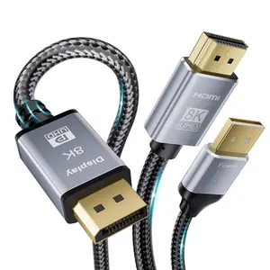 HDMI 2.1 to DisplayPort 1.4 Adapter  6.6FT/2M, Unidirectional HDMI to Display Port  Support 8K@60Hz, USB  HDMI Male to DP Male Converter for Computer PC  PS5  NS