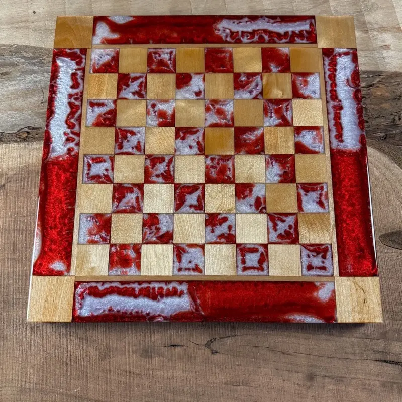 Red Lava Pearl White Maple Wood Chess Board (INCLUDES GLASS PIECES)