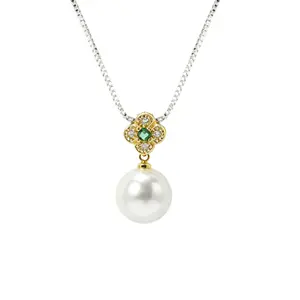 Elegant Faux Pearl Necklace with Clover & Emerald Detail Pendant,Box Chain, Timeless Jewelry for Women, Perfect for Daily Outfit, Party, Prom, Anniversary, Birthday, Valentine’s Day Gift
