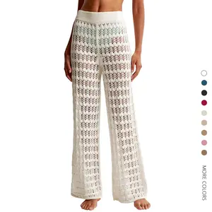 Women's Minimalist Basic Crochet High-Waisted Sheer Cutout Mesh Pants Cover-Up - Sexy Casual Knit Bottoms Clothes for Summer Swimsuit Beach Wear, Women's Clothes