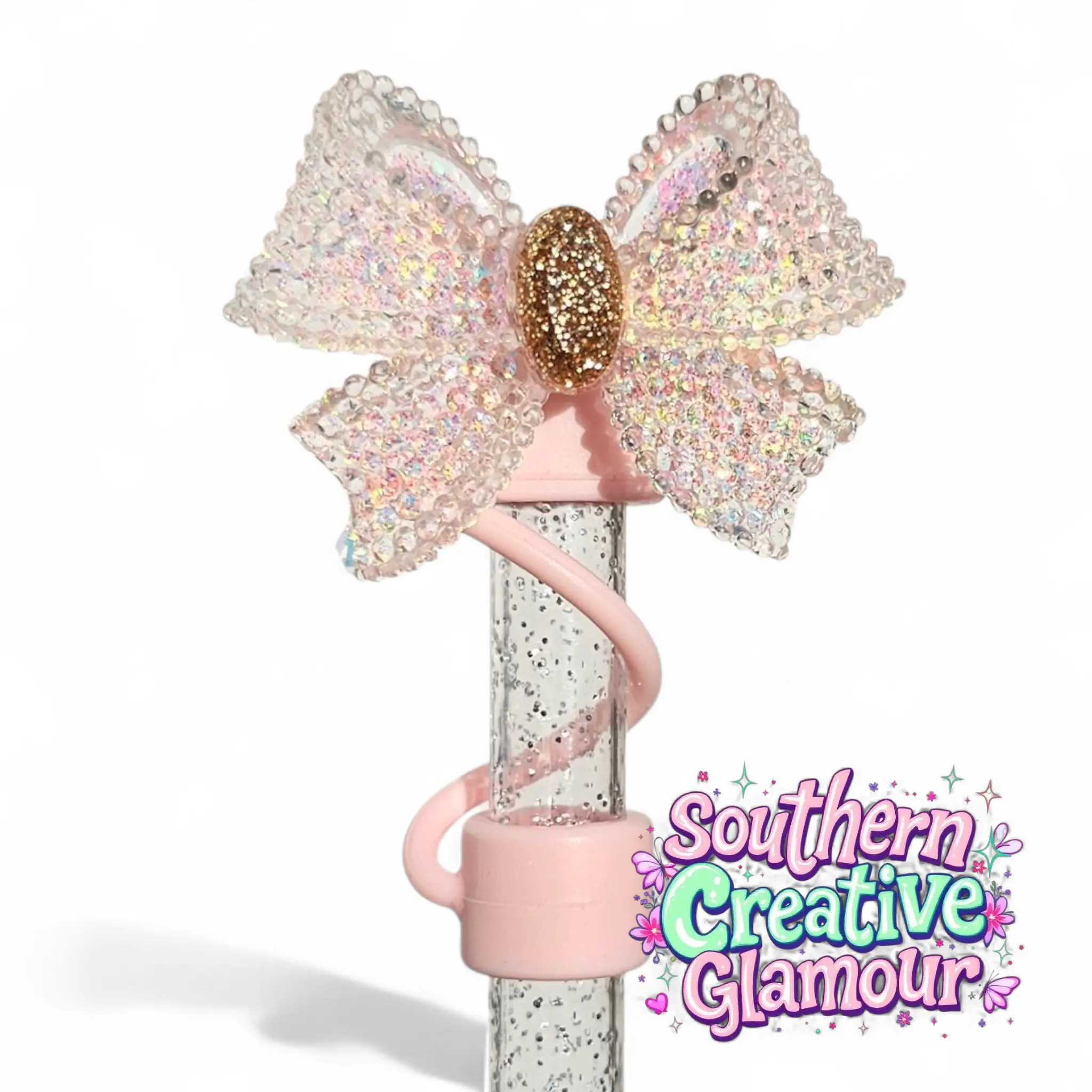 Glitter Ribbon Bow 10mm Straw Topper - Ballerina Pink