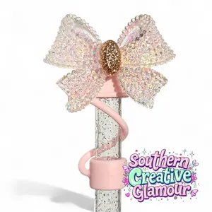 Glitter Ribbon Bow 10mm Straw Topper - Ballerina Pink