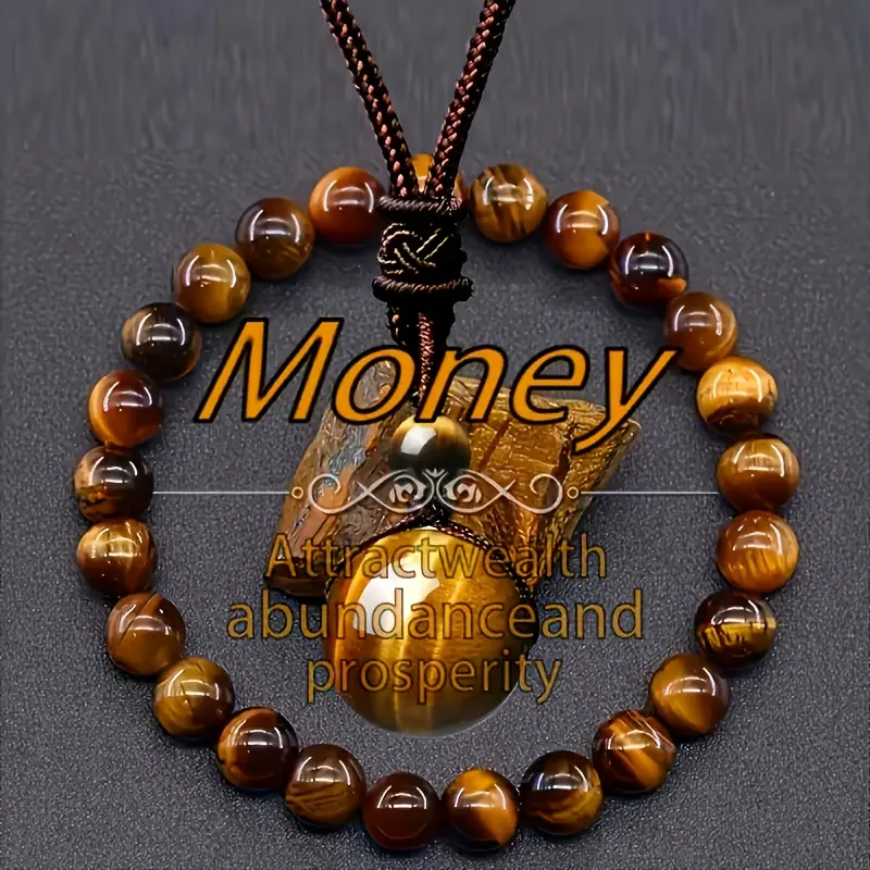 Natural Tiger Eye Jewelry Set for Women Men, Beaded Chakra Stone Pendant Necklace and Adjustable Bracelet for Auspicious Protective Daily Wear, Natural Stone, Chakra Beads
