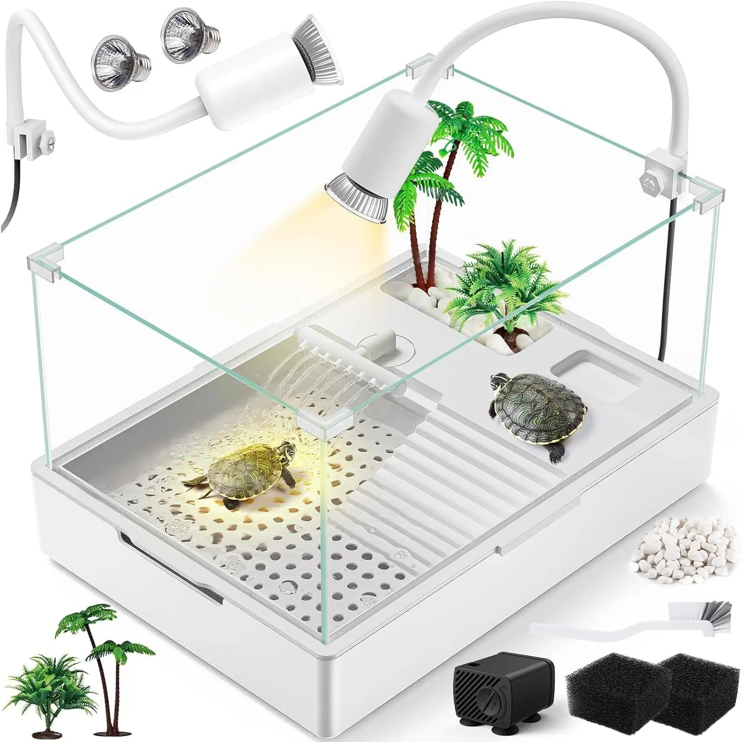 Small Turtle Tank Kit(Tank + Light + Water Pump),  Turtle Tank Starter Kit with Upgrade Rain Shower , Adjustable 5W Water Pump, Higher Fences and Multi-Function Area. (S-Kit)
