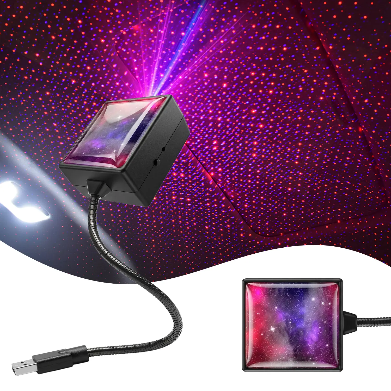Car Roof Star Night Light, Car USB Star Projector Night Light Interior LED Decorative Romantic Roof Ceiling Lights with Auto Rotation, Breathing, and Sound Activated Mode, Inside Car Lighting for Cars Bedrooms Parties Decoration