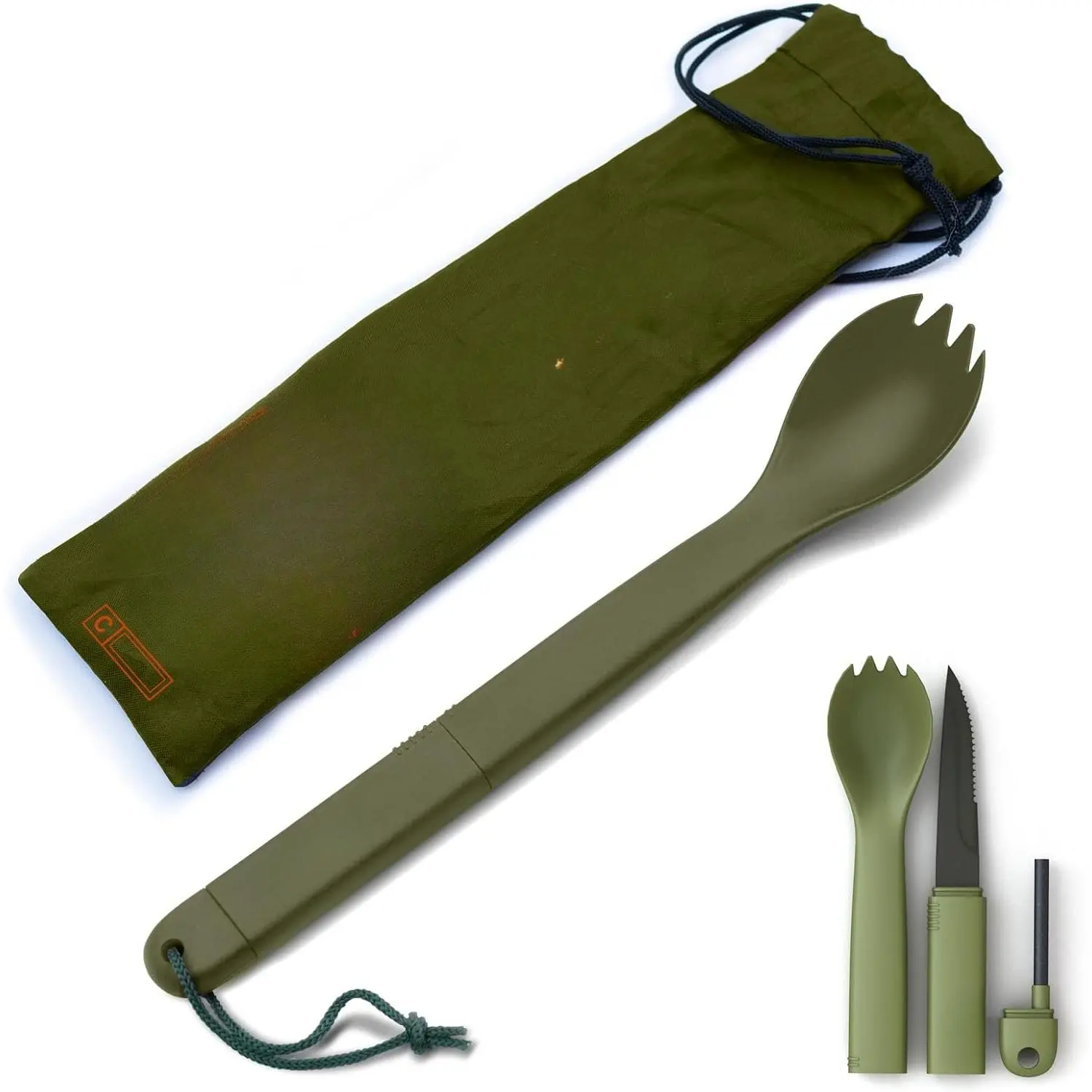 Spork Tactical Green |   BPA Free Spoon Fork, Stainless Steel Knife and Fire Starter |   3 in 1 multipurpose utensil |   Outdoor hiking, camping & backpacking gear |   Fit for MRE