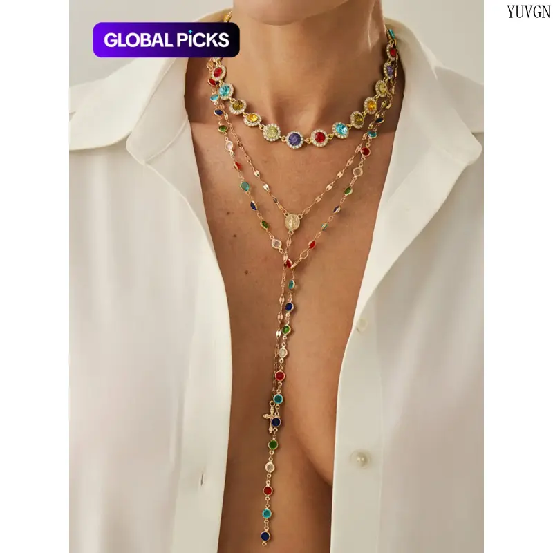 Women's Boho Alloy Layered Necklace Set - Colorful Crystal-Inlaid Pendant, Retro Bohemian Chic Necklace Stack, Stylish Leisure Accessory for Daily Casual Wear & Vacation Gift