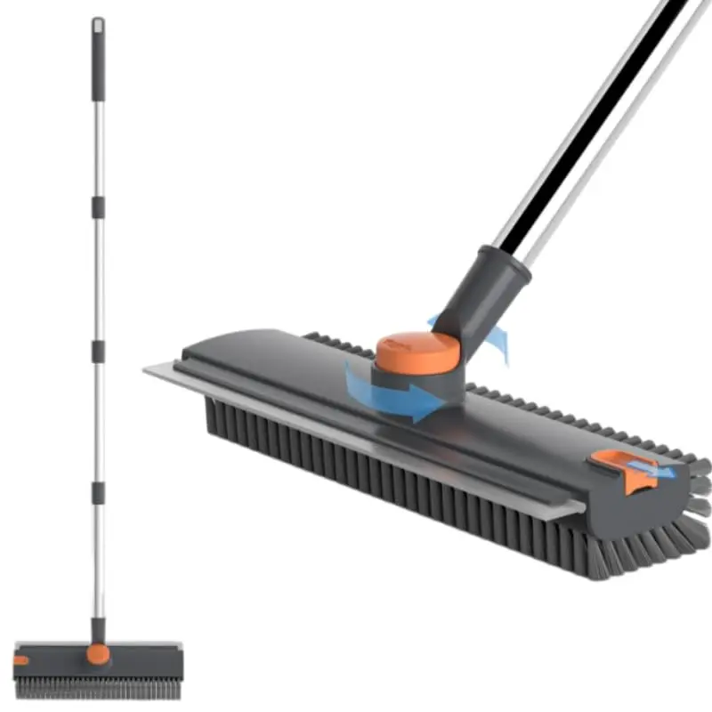 3-in-1 Adjustable Long-Handle Floor Brush Broom - Heavy-Duty Hard-Hair 90° Brush with Wiper for Bathroom, Kitchen, Outdoor Areas