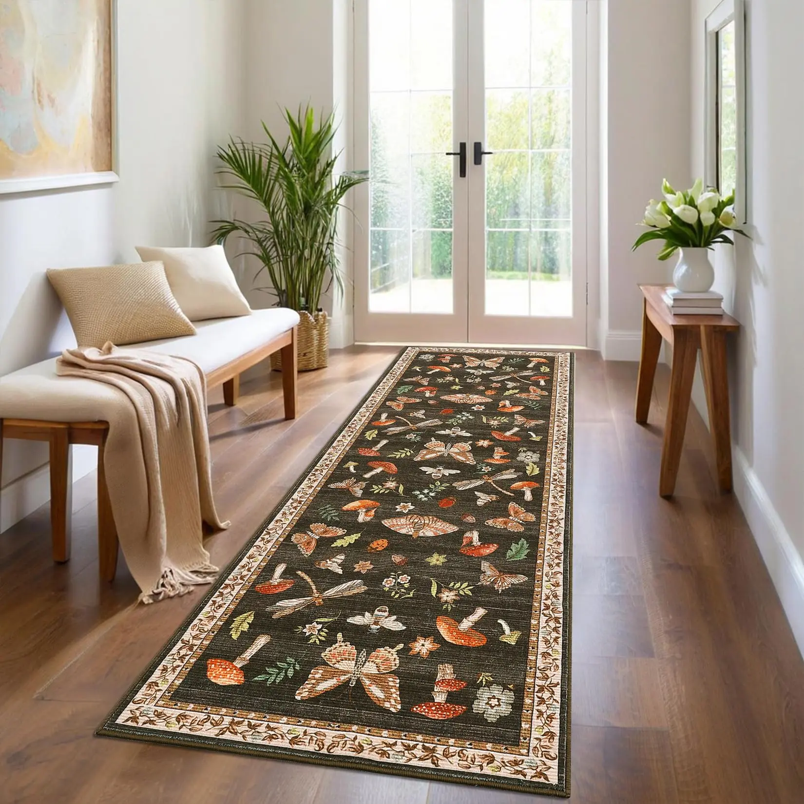 Washable 2x6 Runner Rug Modern Butterfly Rug for Hallway Mushroom Runner Non Slip Kitchen Rugs Non Shedding Soft Bedside Runner Insect Accent Carpet Runners for Bathroom Entryway, Brown