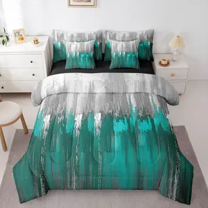 Greyish Gradient 7 Piece Bedding Set,White Teal Comforter Set with Sheets Chic Abstract Art Ombre Vintage Bed in a Bag Farmhouse Graffiti Modern for Teens Men Women