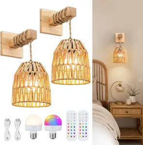 Rattan Wall Sconce, Battery Operated Wall Sconce, Wooden Swing Arm Wall Lamp, Rechargeable Wall Sconce, Woven Lantern Wall Light/Lamp Boho Wall Sconce Set of 2 for Bedroom Living Room