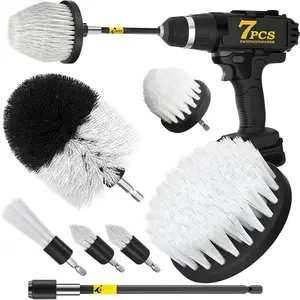 7Pack Drill Brush Attachment Set- Interior Detailing Kit,Power  Brush Extended Long Attachment for Bathroom, ,Shower,Carpet,Boat,Kitchen,Floor and Tile,White