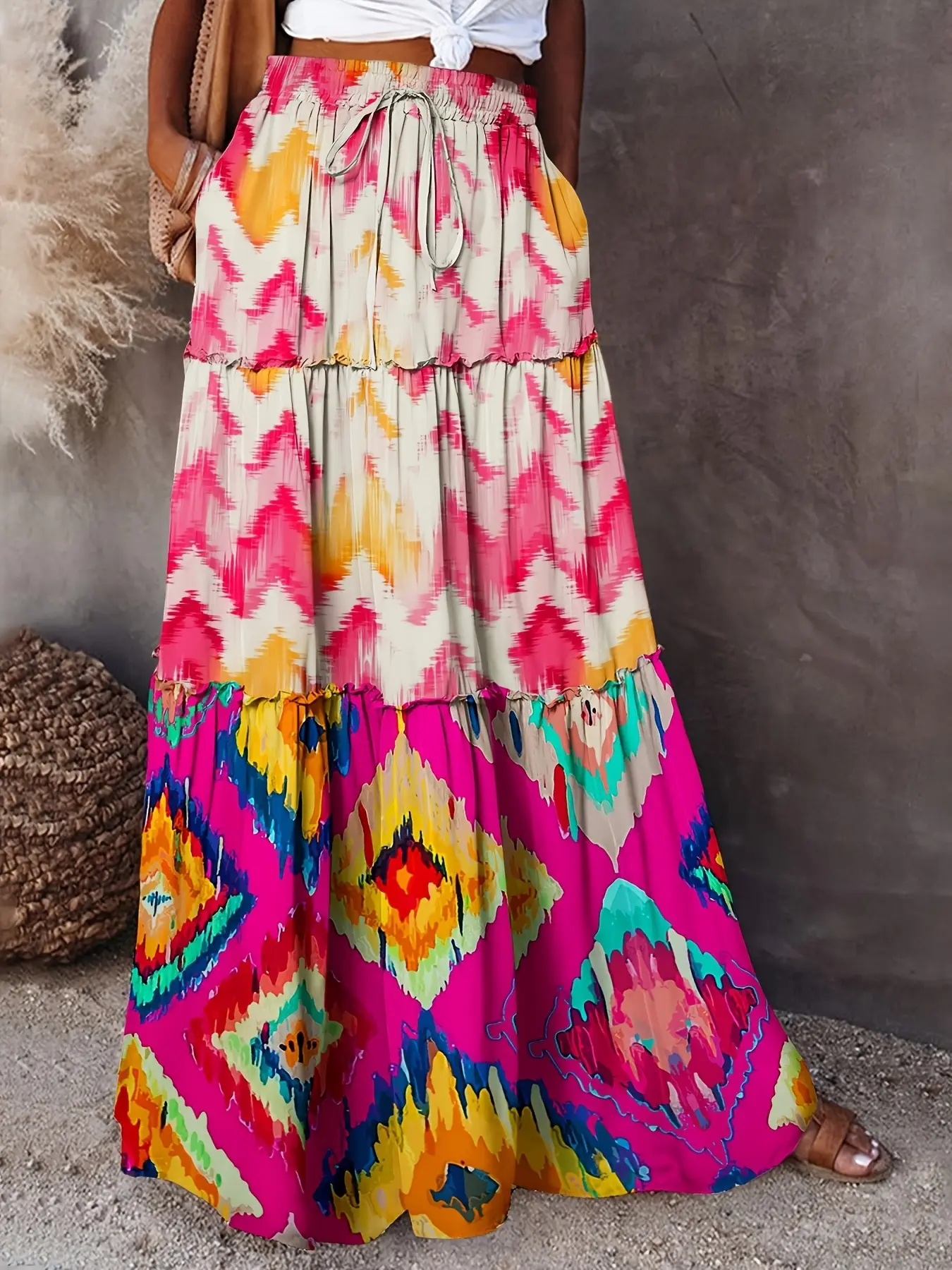 Boho Style Bohemian Colorful Geometric Print Cake Dress High Waist Drawstring Pocket Vacation Maxi Long Skirt, Women's Fashion Casual Wear, Bohemian Summer Skirts