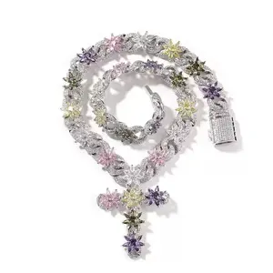 2125 Iced Out Flower Chain Cross Pendant Multicolored Statement Rapper Choker Durable Material Ideal for Casual Wear or Special Occasions Exquisite Jewelry Gift Necklace Set customizable with engraved letters, logos or patterns Complimentary shipping