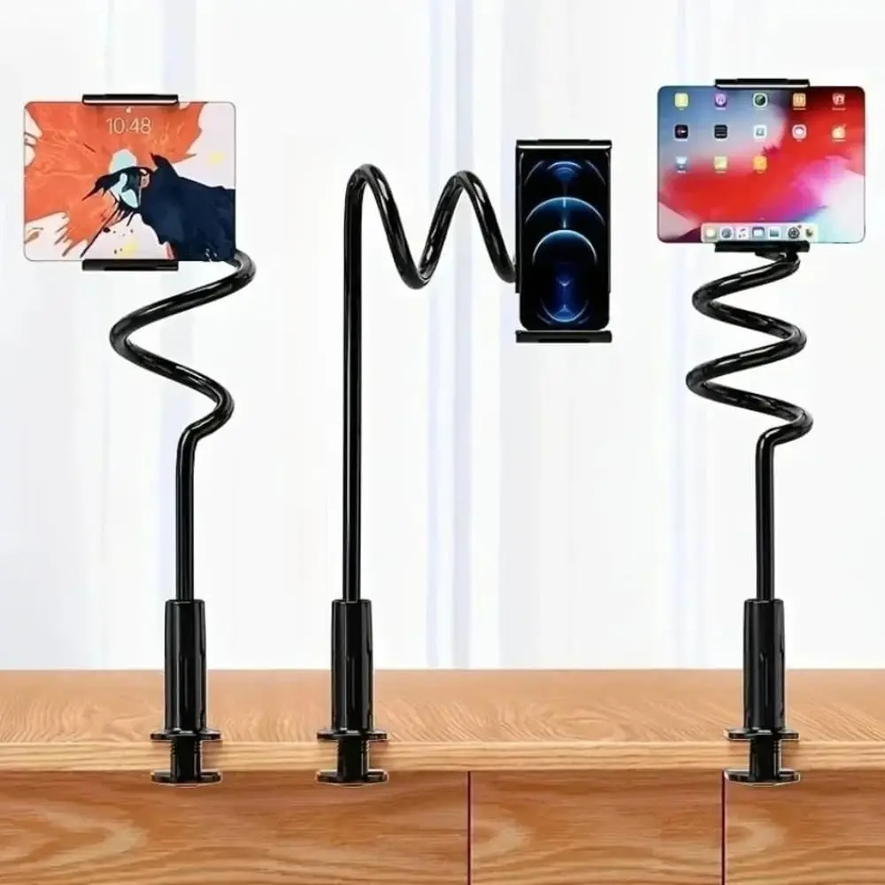 Long Gooseneck Phone Holder for Desk Bedside, Stable Clamp Mount with Anti-Slip Silicone, Hands-Free Smartphone Stand