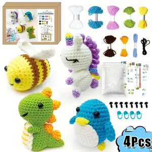 Crochet Animal Kit, 1 Set DIY Crochet Kit with 4 Counts Crochet Animal Set, Knitting Supplies for Beginners, DIY Crochet Kit for Adults & Boys & Girls, Summer Gifts