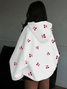 Women's Hooded Zipper Sweatshirt Jacket, Cute Cherry Print, Front Zip Design, Casual Spring & Fall Outerwear