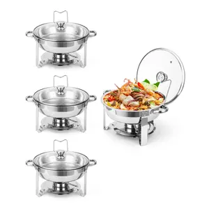 Chafing Dishes for Buffet, 5QT Buffet Servers and Warmers Set of 4, Round Chafing Dishes with Glass Lid, Stainless Steel Food Warmers for Parties, Catering Supplies for Wedding, Banquet, Silver