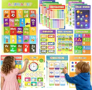16 Pack Laminated Preschool Learning Posters for Toddlers, Waterproof Classroom & Homeschool Educational Wall Charts with Alphabet, Numbers, Math & Solar System, 16.5 × 11 in, Adhesive Dots Included