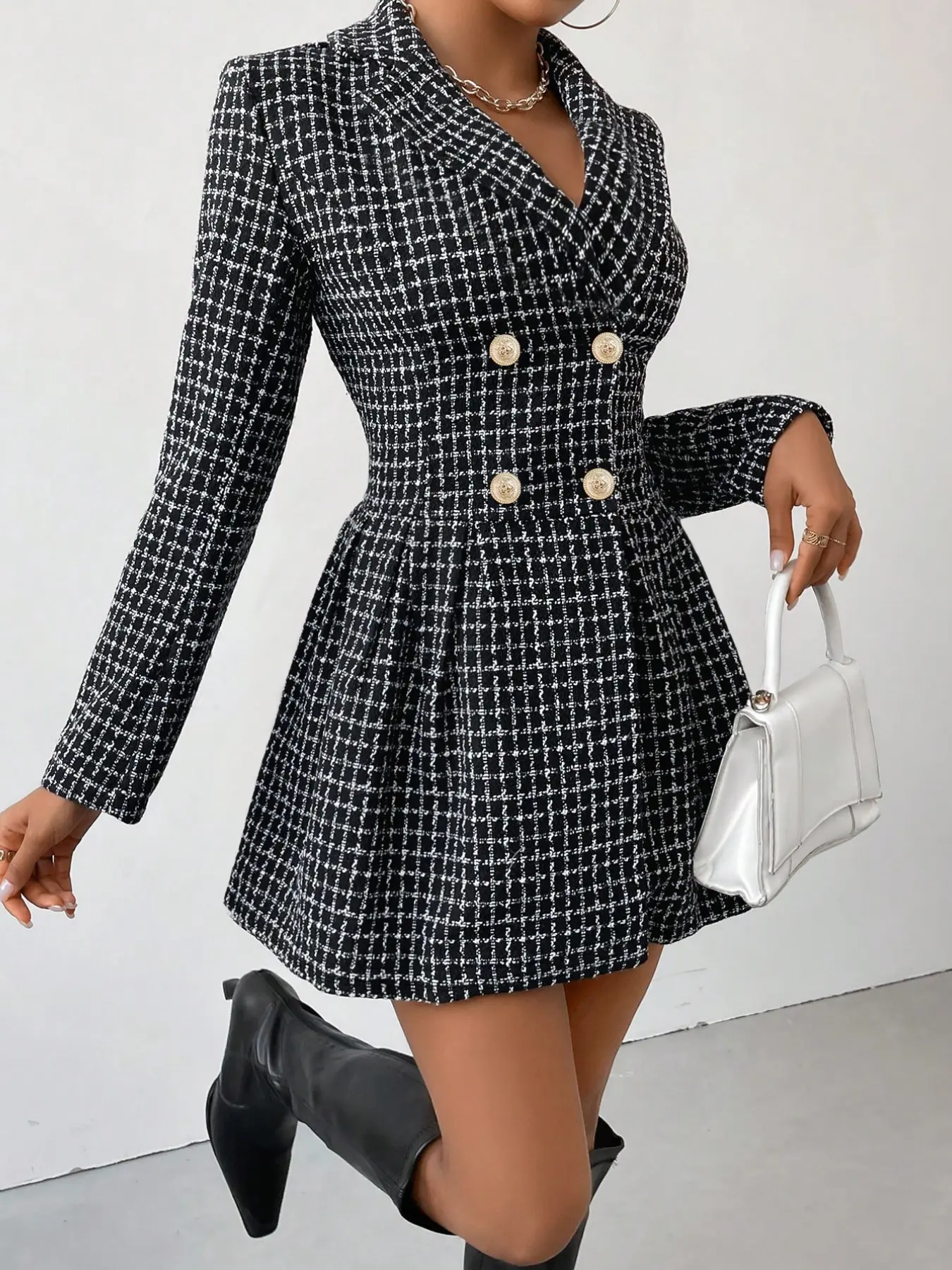 Womenswear Plaid Print Double Button Wrap A Line Dress, Lady Vintage Girly Clothes, Fitted Long Sleeve Lapel Neck Short Dress for Fall & Winter, Women's Clothing for Daily Wear, Apple Shape Outfits, Casual Everyday Wear, Casual Boho Chic