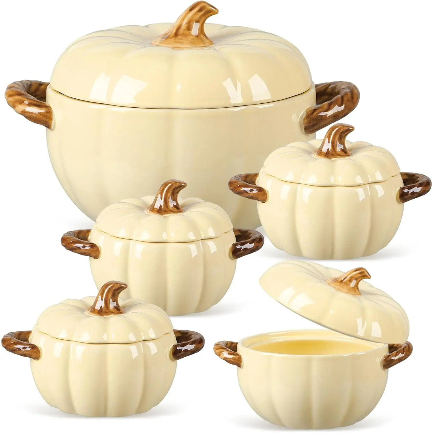 Set of 5 Ceramic Pumpkin Bowls with Lid and Handles Pumpkin Shape Soup Serving Pot Storage Jar for Fall Thanksgiving Halloween Party Kitchen Dessert Decoration 17Oz & 54Oz(Cream Yellow)