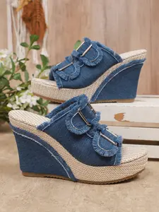 Women's Denim Fringe Wedge Sandals, Dual Buckle Open Toe Thick Sole Slippers, Summer Beach Vacation Heightening One-Lane Slipper